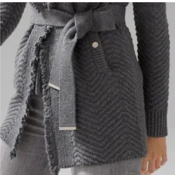 NWT White House Black Market Heather grey fringe shawl collar tie belt cardigan - Picture 10 of 14